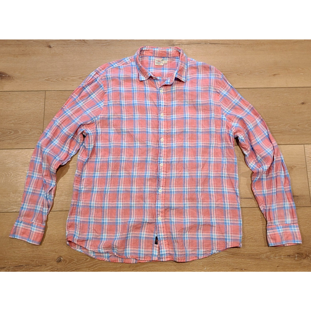 FAHERTY Button Down Long Sleeve Dress Shirt Plaid Linen Sz XXL